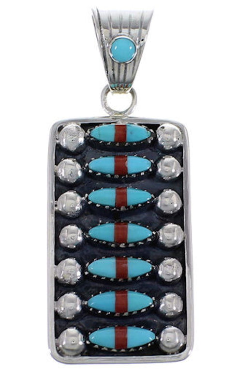Turquoise And Coral Southwest Sterling Silver Pendant EX28836