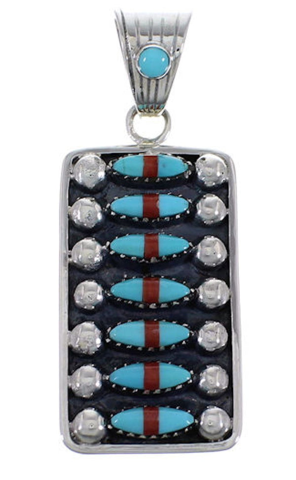 Turquoise And Coral Southwest Sterling Silver Pendant EX28836