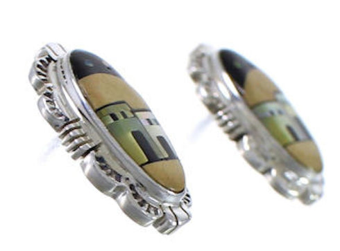 Multicolor Silver Native American Peublo Design Post Earrings PX31377