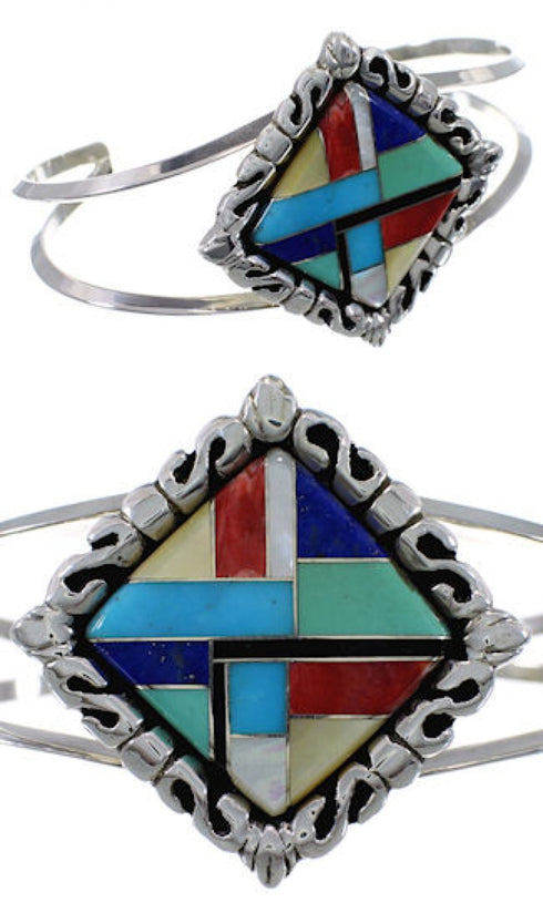 Southwest Multicolor Inlay Silver Cuff Bracelet EX29354