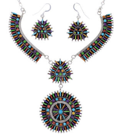 Turquoise Multicolor Link Necklace Earrings Jewelry Set NS34987