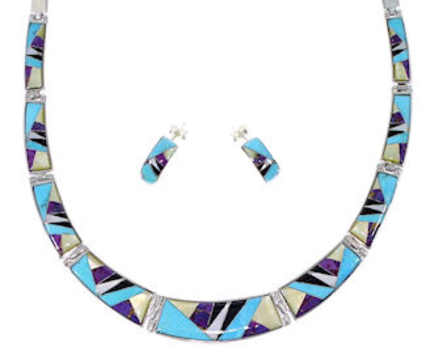 Multicolor Turquoise Inlay Sterling Silver Link Necklace Set NS41238