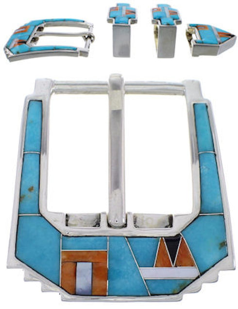 Sterling Silver Turquoise Multi Color Inlay Ranger Belt Buckle RS39300