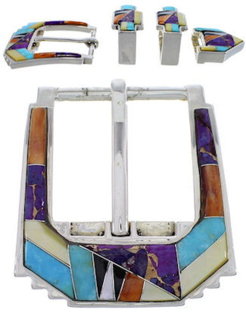 Turquoise Multicolor Inlay Sterling Silver Ranger Belt Buckle RS39320
