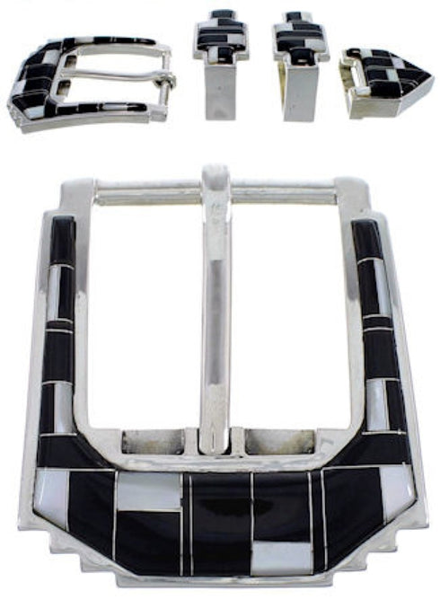 Sterling Silver Mother Of Pearl Black Inlay Ranger Belt Buckle RS39304