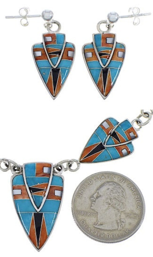 Multicolor Inlay Sterling Silver Link Necklace Earrings Set NS41224