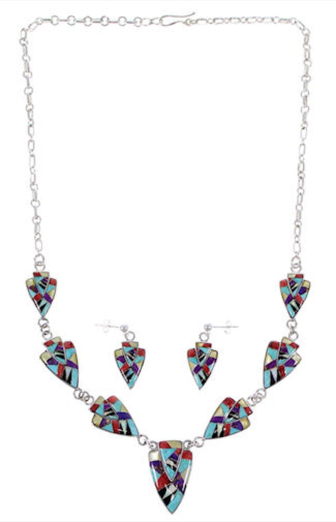 Sterling Silver Multicolor Link Necklace Earrings Jewelry Set RS34215