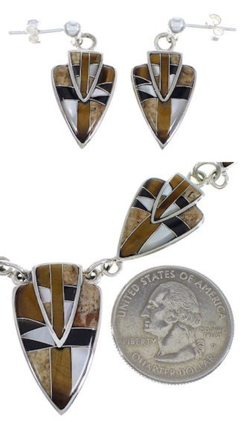 Silver Tiger Eye Multicolor Link Necklace Earrings Jewelry Set NS41225