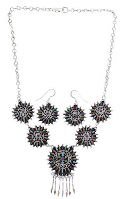 Southwest Multicolor Needlepoint Sterling Silver Link Necklace Set WX78044