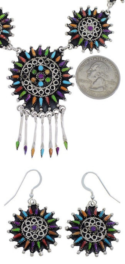 Southwest Multicolor Needlepoint Sterling Silver Link Necklace Set WX78044
