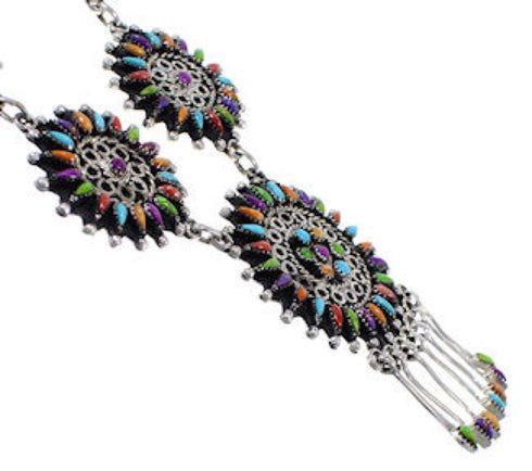 Southwest Multicolor Needlepoint Sterling Silver Link Necklace Set WX78044