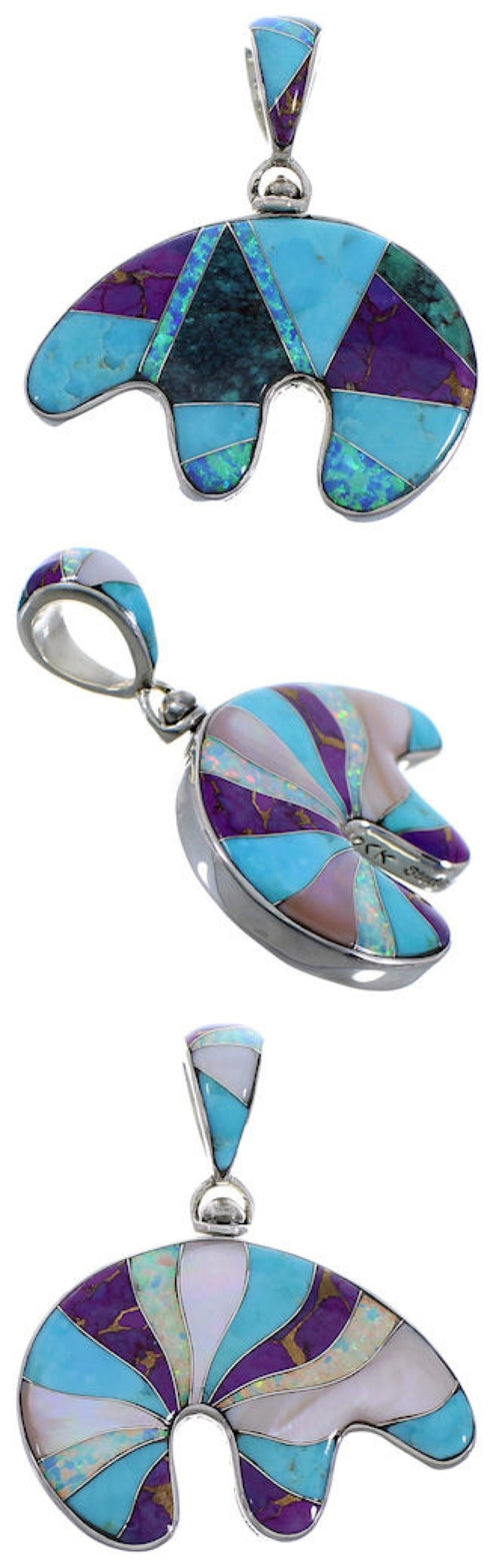 Turquoise Multicolor Whiterock Reversible Silver Bear Pendant RS36178