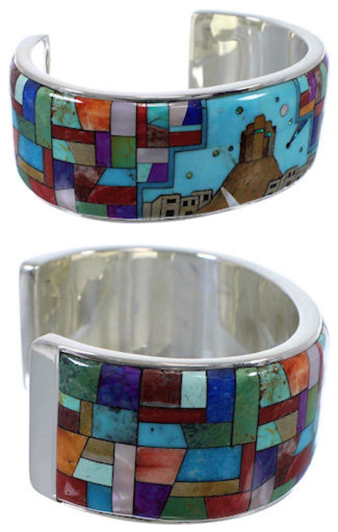 Multicolor Silver Native American Village Design Cuff Bracelet TX40346