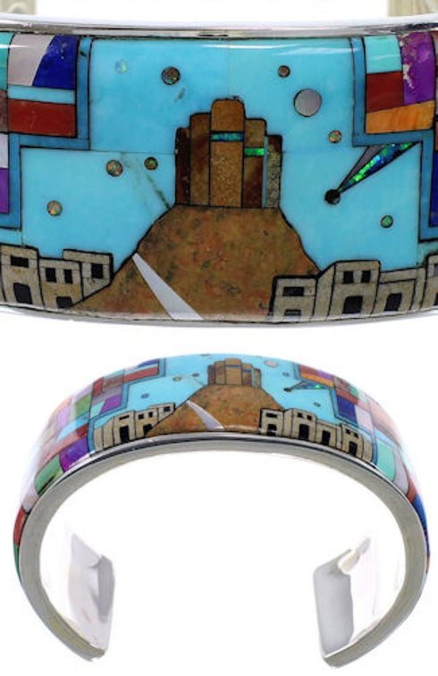 Multicolor Silver Native American Village Design Cuff Bracelet TX40346