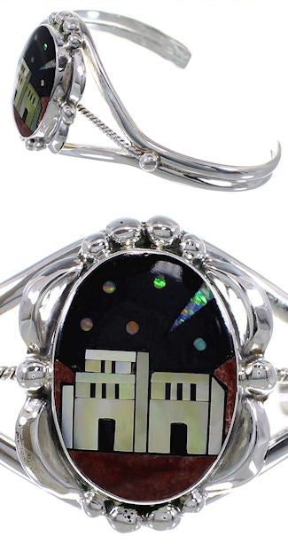 Multicolor Native American Village Design Silver Cuff Bracelet TX40633