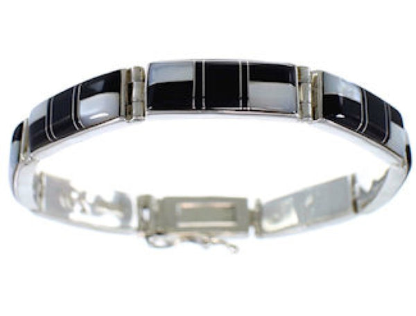 Mother Of Pearl Black Jade Inlay Sterling Silver Link Bracelet AS39816