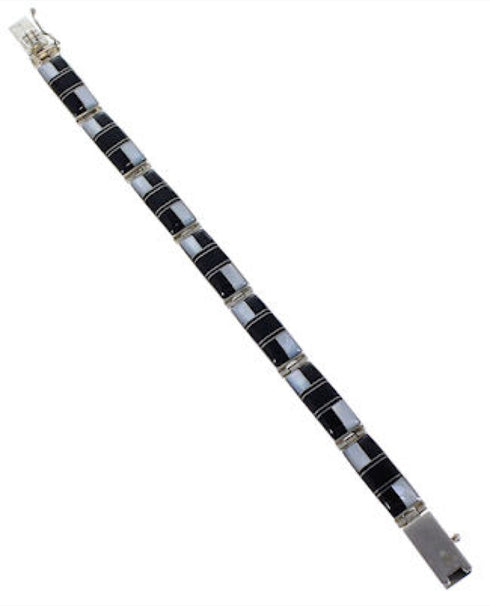 Mother Of Pearl Black Jade Inlay Sterling Silver Link Bracelet AS39816
