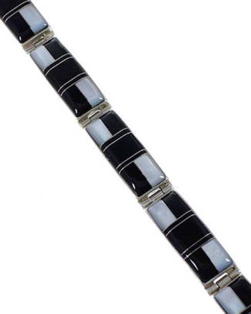 Mother Of Pearl Black Jade Inlay Sterling Silver Link Bracelet AS39816