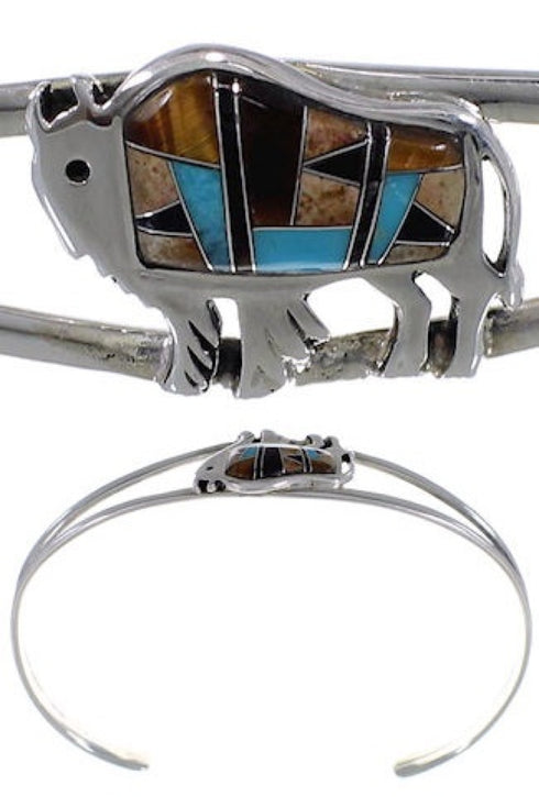 Turquoise Tiger Eye Multicolor Silver Buffalo Cuff Bracelet HS29919
