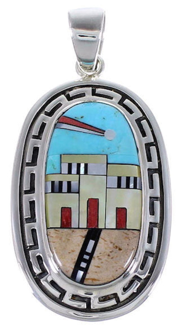 Native American Village Design Silver Multistone Pendant HS40959
