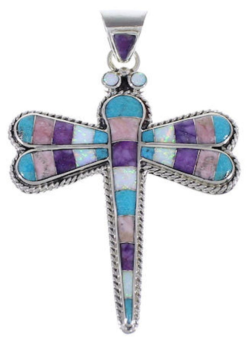 Sterling Silver Dragonfly Turquoise Multicolor Inlay Pendant DS37256