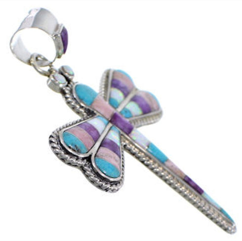 Sterling Silver Dragonfly Turquoise Multicolor Inlay Pendant DS37256
