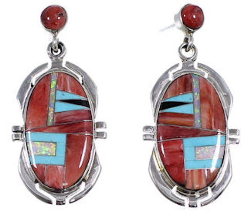 Red Oyster Shell Multicolor Inlay Silver Post Dangle Earrings NS33200