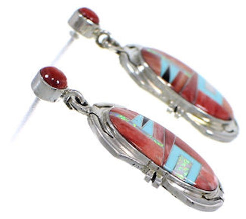 Red Oyster Shell Multicolor Inlay Silver Post Dangle Earrings NS33200
