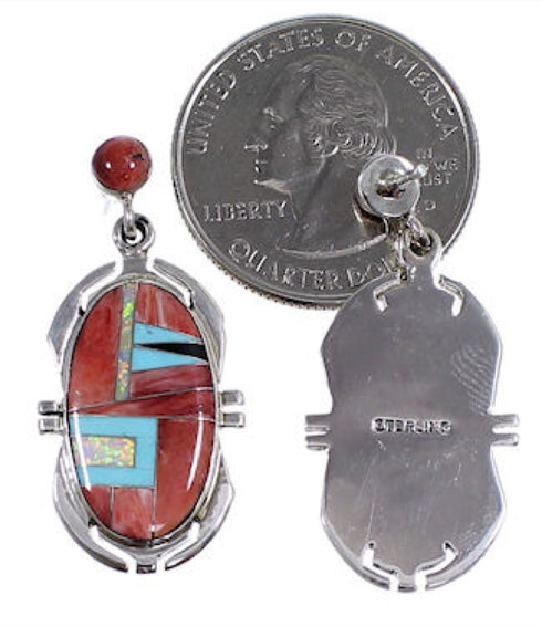 Red Oyster Shell Multicolor Inlay Silver Post Dangle Earrings NS33200