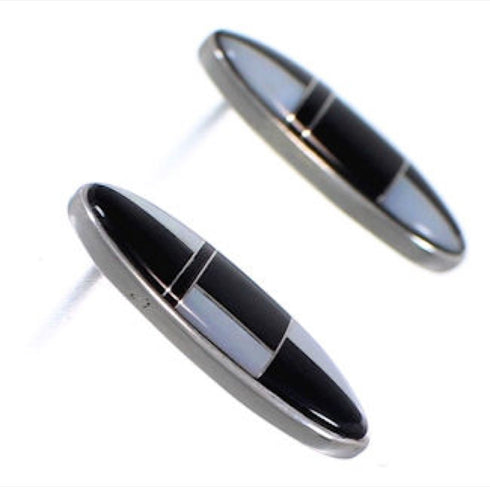 Sterling Silver Black Jade Mother Of Pearl Inlay Post Earrings NS42323