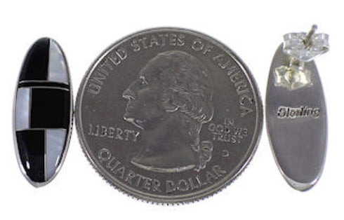 Sterling Silver Black Jade Mother Of Pearl Inlay Post Earrings NS42323