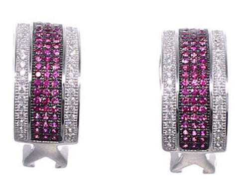 Sterling Silver Pink White Cubic Zirconia Post Hoop Earrings DS55161