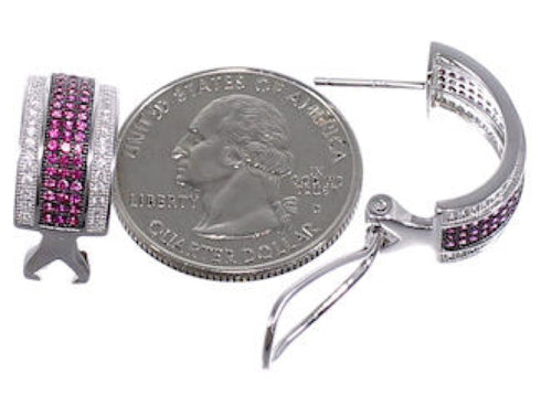 Sterling Silver Pink White Cubic Zirconia Post Hoop Earrings DS55161