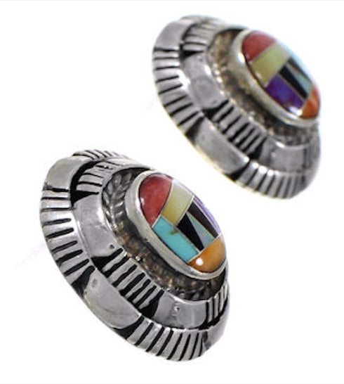 Multicolor Inlay Genuine Sterling Silver Jewelry Post Earrings AS34561