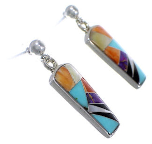 Authentic Silver And Multicolor Inlay Post Dangle Earrings RS42669