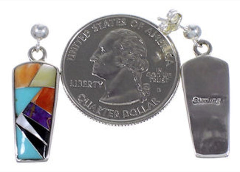 Authentic Silver And Multicolor Inlay Post Dangle Earrings RS42669