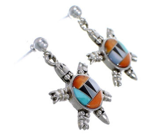 Turquoise Multicolor Silver Turtle Post Dangle Earrings RS39189