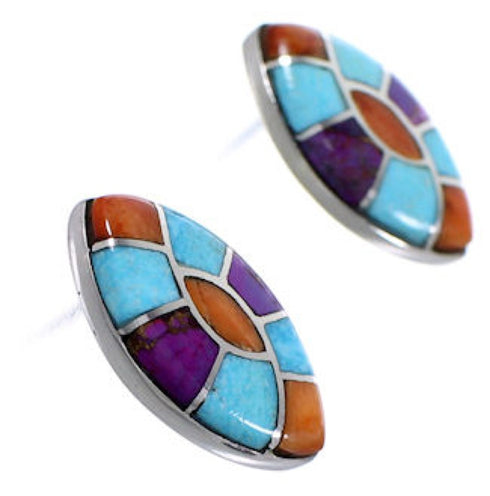 Sterling Silver and Turquoise Multicolor Inlay Post Earrings RS32398