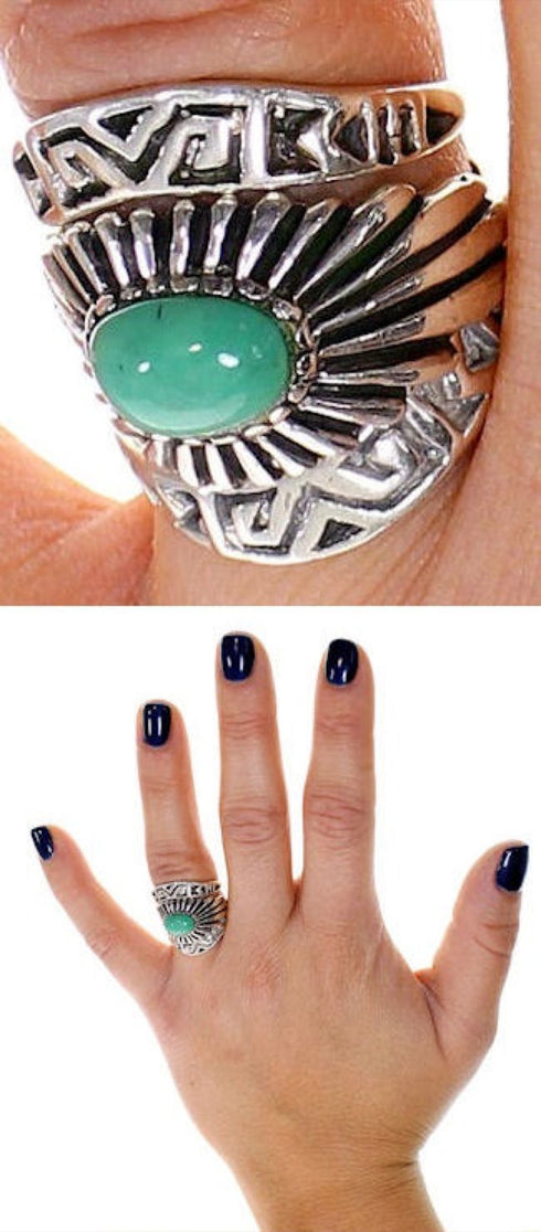 Southwest Turquoise Sterling Silver Stackable Ring Set Size 6 UX33447