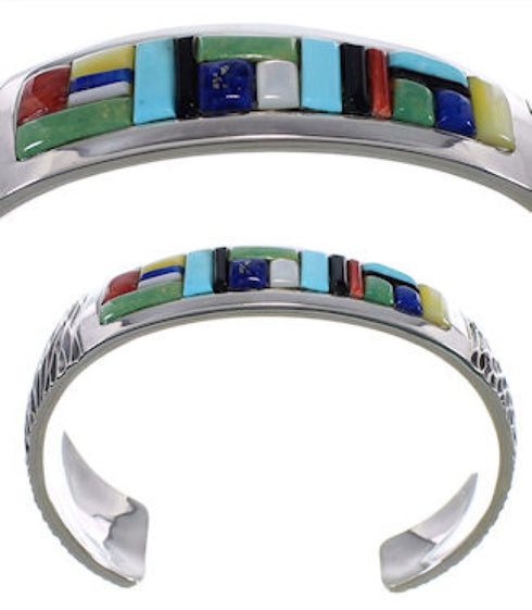 Multicolor Inlay Sterling Silver Cuff Bracelet Jewelry PX38944