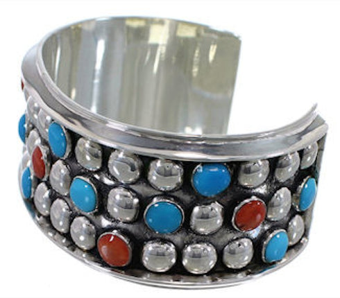 Southwest Sterling Silver Coral Turquoise Cuff Bracelet FX27263