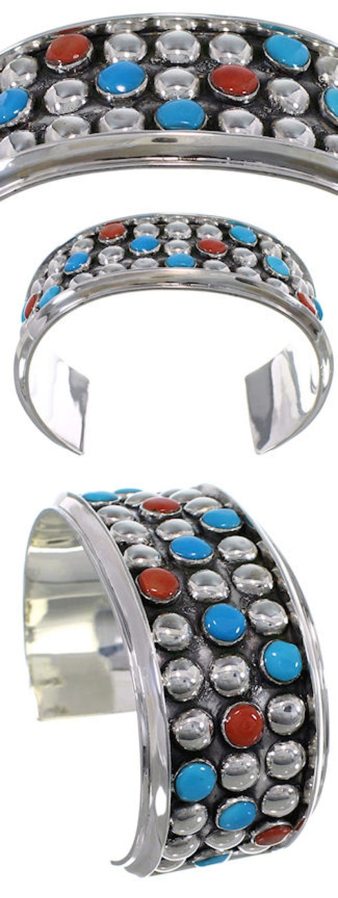 Southwest Sterling Silver Coral Turquoise Cuff Bracelet FX27263