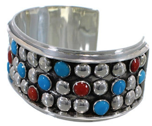 Southwest Sterling Silver Coral Turquoise Cuff Bracelet FX27265