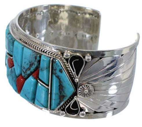 Turquoise And Coral Inlay Sterling Silver Cuff Bracelet GS59883