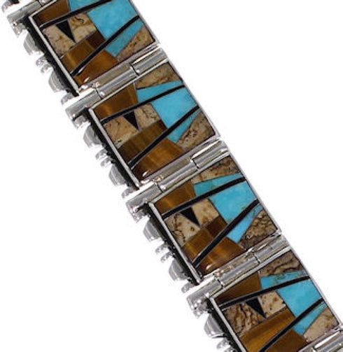 Tiger Eye And Multicolor Inlay Silver Link Bracelet BW71220
