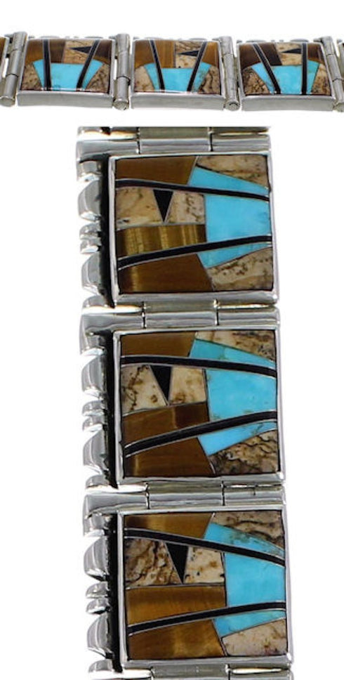 Tiger Eye And Multicolor Inlay Silver Link Bracelet BW71220
