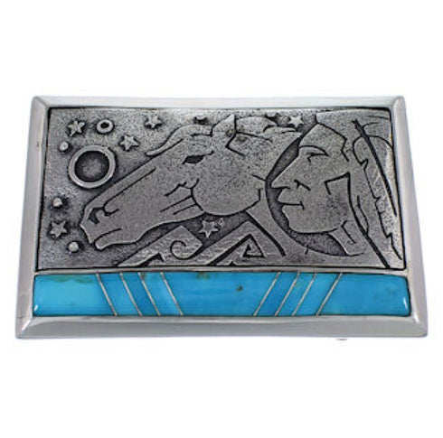 Genuine Sterling Silver Chief Head Horse Turquoise Belt Buckle AW75303
