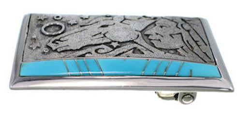 Turquoise Inlay Chief Head And Horse Silver Belt Buckle AW75309