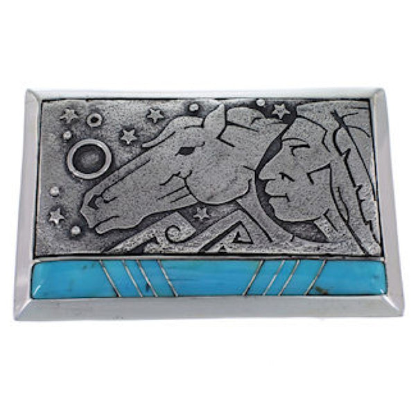 Sterling Silver Turquoise Inlay Chief Head Horse Belt Buckle AW75306