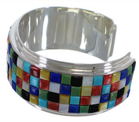Sterling Silver Multicolor Inlay Cuff Jewelry Bracelet VX37716